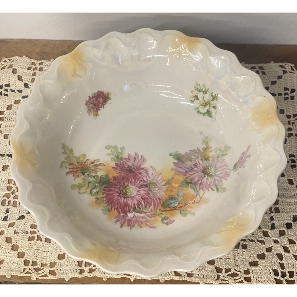 Vintage Lusterware Bowl German Porcelain Hand Painted Floral with Scallop Edge